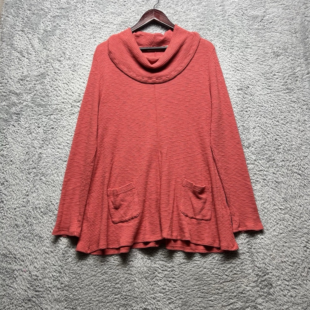 Soft‎ Surroundings Waffle Knit Thermal Cowl Neck Tunic Top Womens Large Coral
